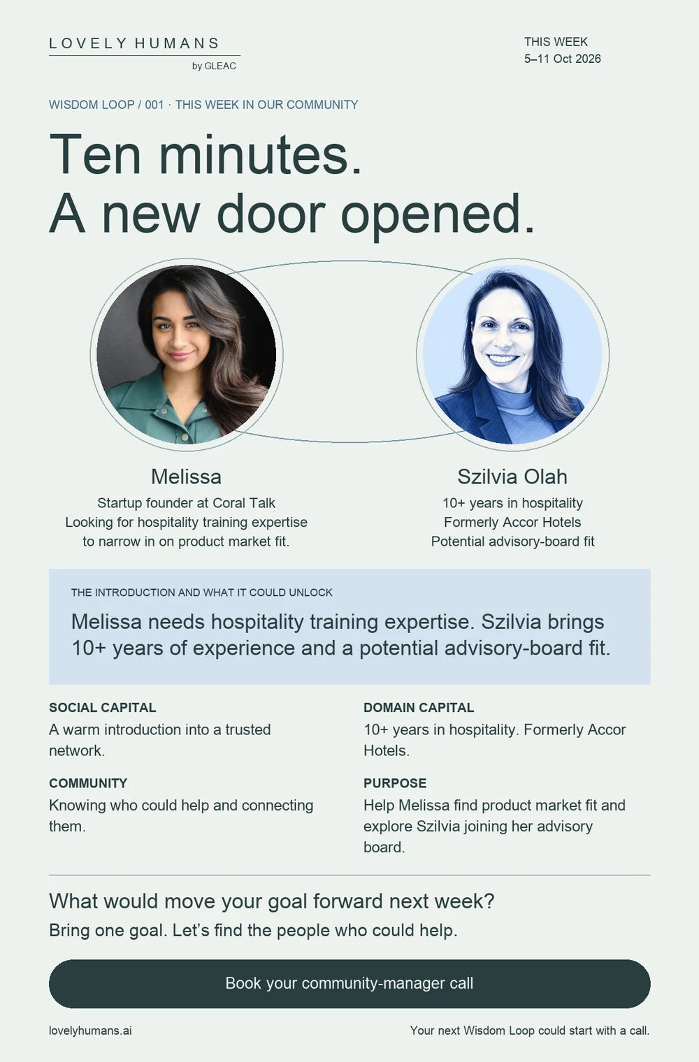 Melissa and Szilvia: Ten minutes. A new door opened. A warm introduction connects Melissa's hospitality startup with Szilvia's industry expertise and a potential advisory-board fit.