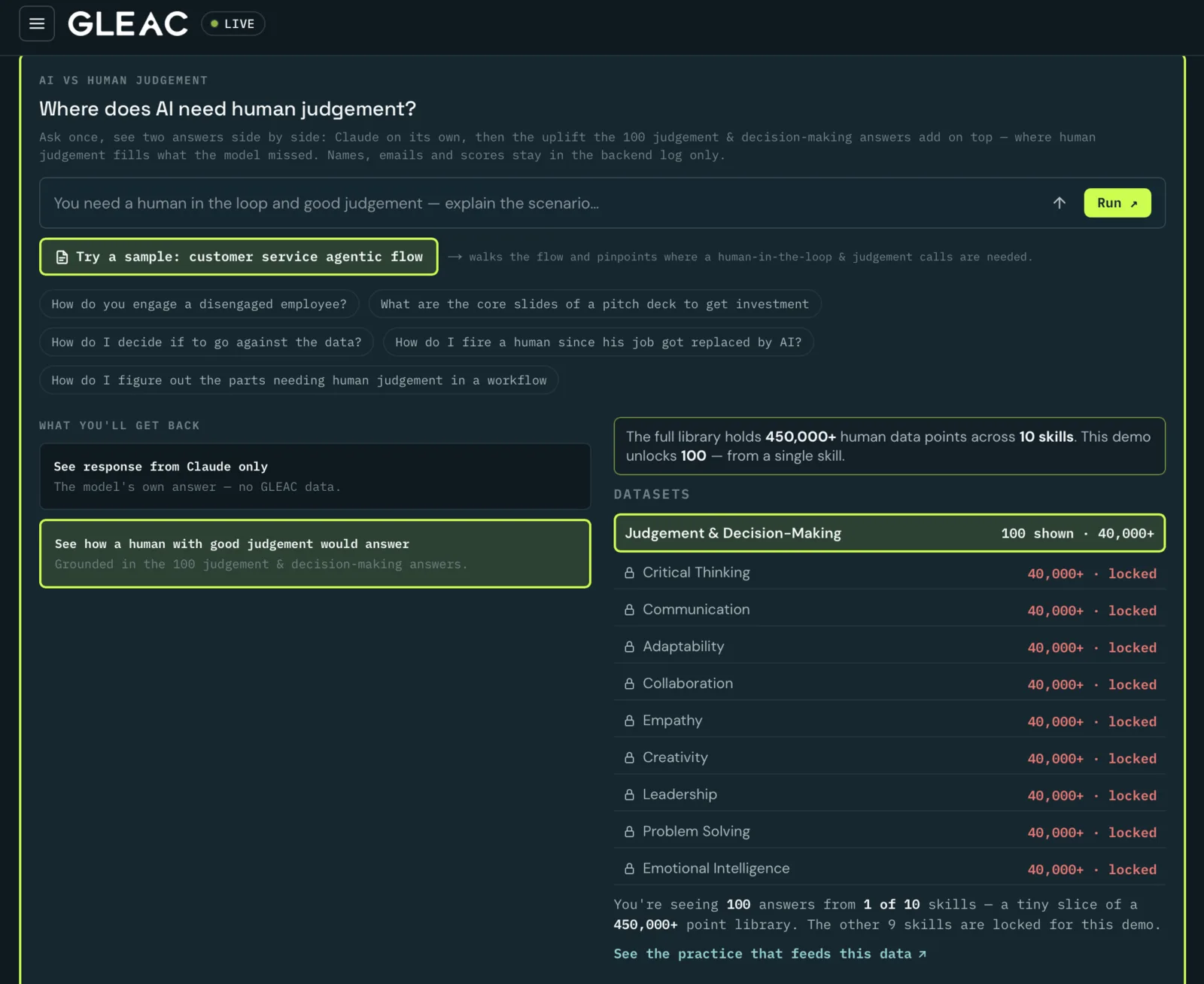 GLEAC dashboard — ask where AI needs human judgement, choose a skill dataset